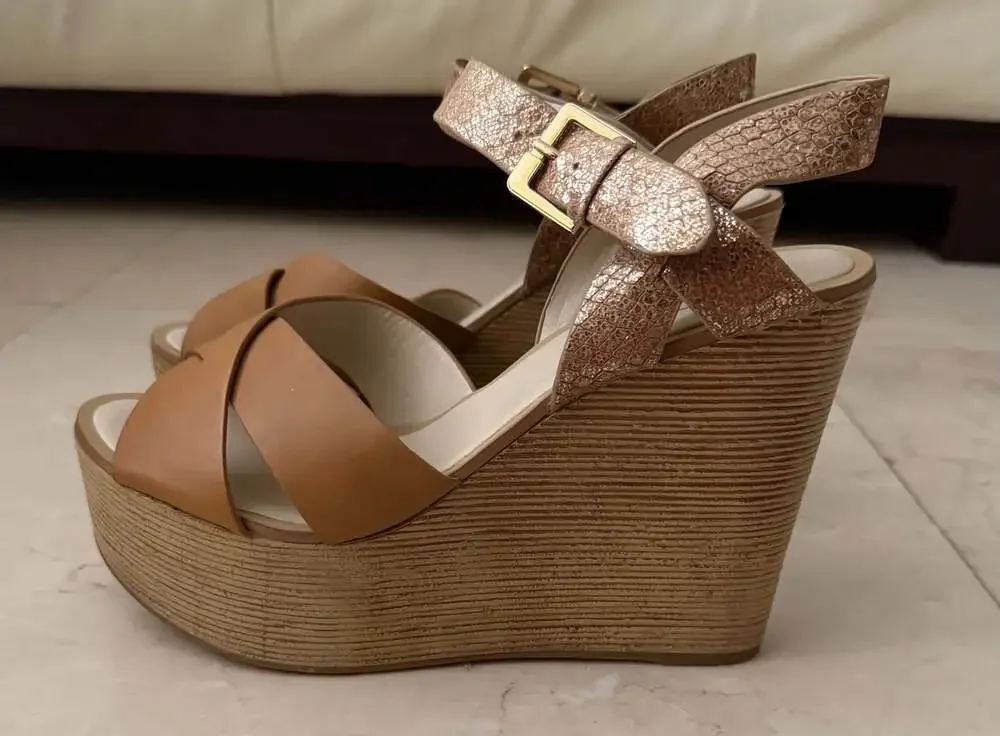 Aldo Regnano Tan and Metallic Cross-Strap Platform Wedge Sandals